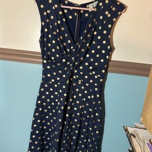 Anthropologie Maeve Navy Midi Dress with Gold Polka Dots